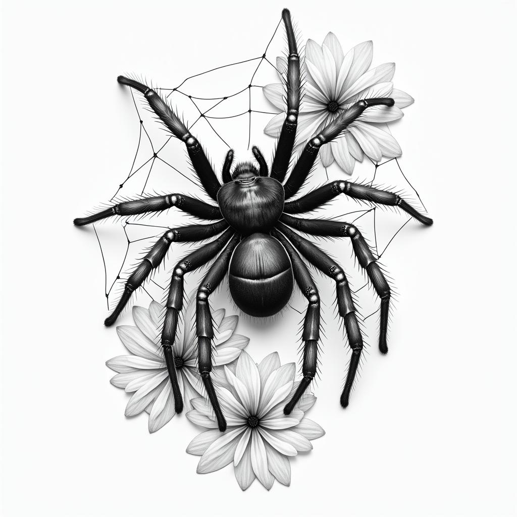 Small spider on web with lots of flowersin portrait tattoo style, featuring a highly realistic and detailed depiction  - Variation 14