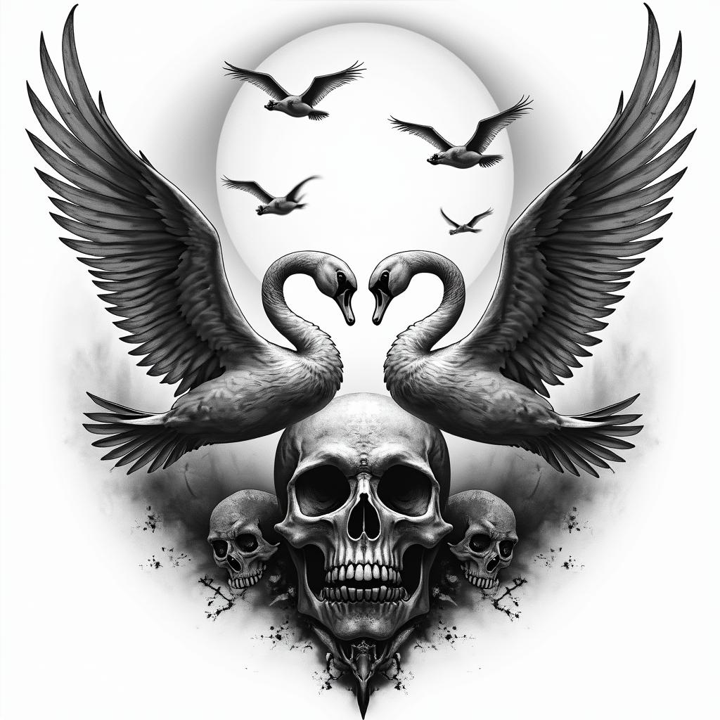 Flying Swans Sunset in horror tattoo style, showcasing haunting and unsettling, dark and gritty textures with skulls, eerie faces, jgged designs, bold and intense shading - Variation 3