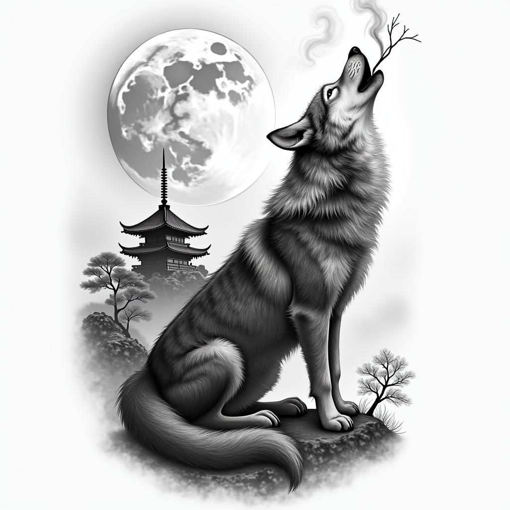 Hi, I would like a black and white wolf tattoo on my forearm. The wolf should be howling at the moon and breathing out smoke. In the background, there should be a Japanese temple, and a small path leading to the temple. The wolf should be in the foreground. The tattoo should be in a realistic style.in realism tattoo style, featuring a highly detailed, lifelike, capturing every detail, photorealistic, ultra realistic, intricate shading, smooth and sharp,   - Variation 4