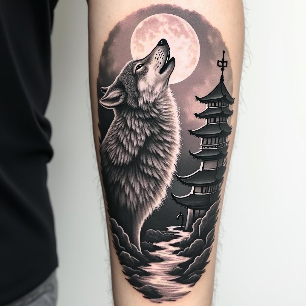 Hi, I would like a black and white wolf tattoo on my forearm. The wolf should be howling at the moon and breathing out smoke. In the background, there should be a Japanese temple, and a small path leading to the temple. The wolf should be in the foreground. The tattoo should be in a realistic style.in realism tattoo style, featuring a highly detailed, lifelike, capturing every detail, photorealistic, ultra realistic, intricate shading, smooth and sharp,  