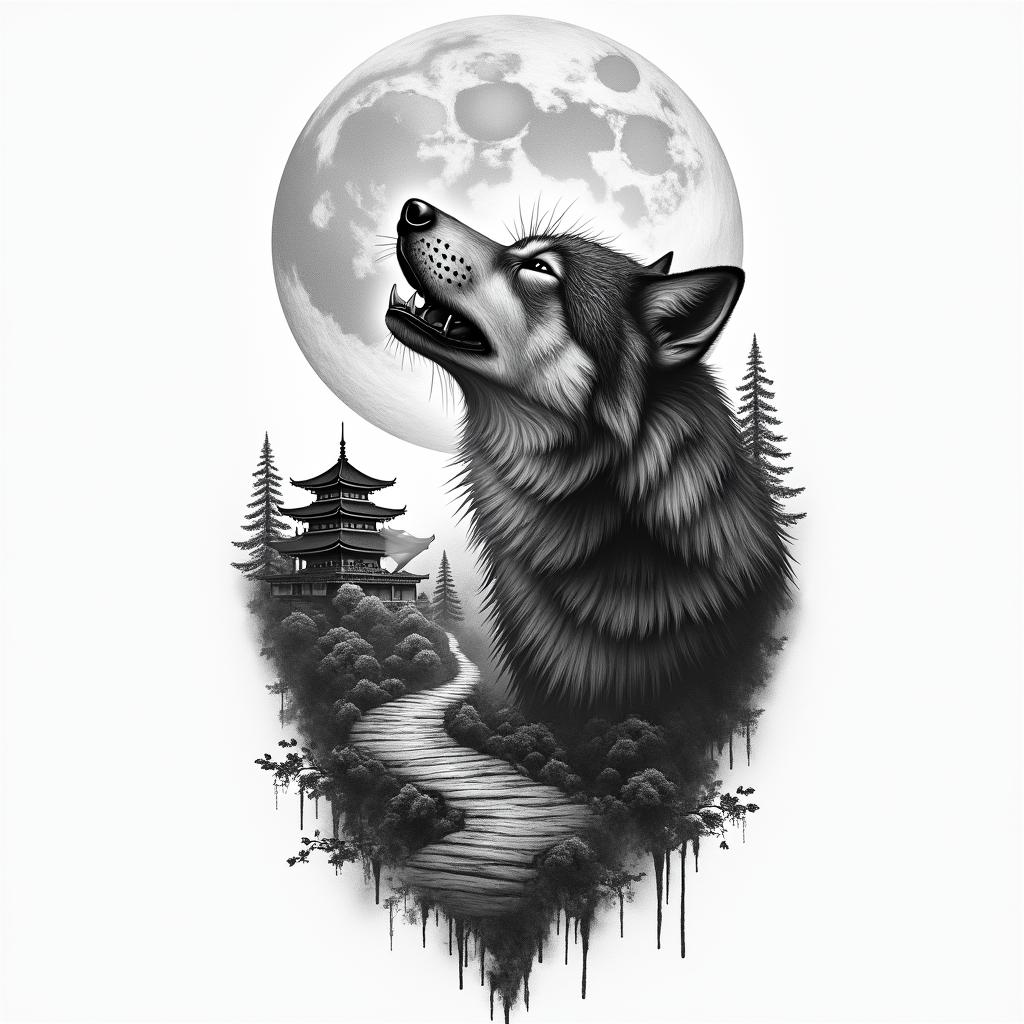 Hi, I would like a black and white wolf tattoo on my forearm. The wolf should be howling at the moon and breathing out smoke. In the background, there should be a Japanese temple, and a small path leading to the temple. The wolf should be in the foreground. The tattoo should be in a realistic style.in realism tattoo style, featuring a highly detailed, lifelike, capturing every detail, photorealistic, ultra realistic, intricate shading, smooth and sharp,   - Variation 2