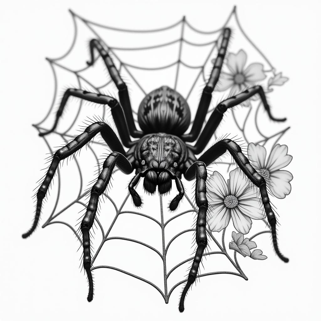 Small spider on web with lots of flowersin portrait tattoo style, featuring a highly realistic and detailed depiction  - Variation 12