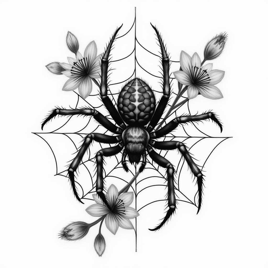 Small spider on web with lots of flowersin portrait tattoo style, featuring a highly realistic and detailed depiction  - Variation 9