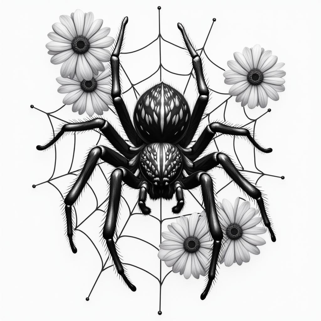 Small spider on web with lots of flowersin portrait tattoo style, featuring a highly realistic and detailed depiction  - Variation 11