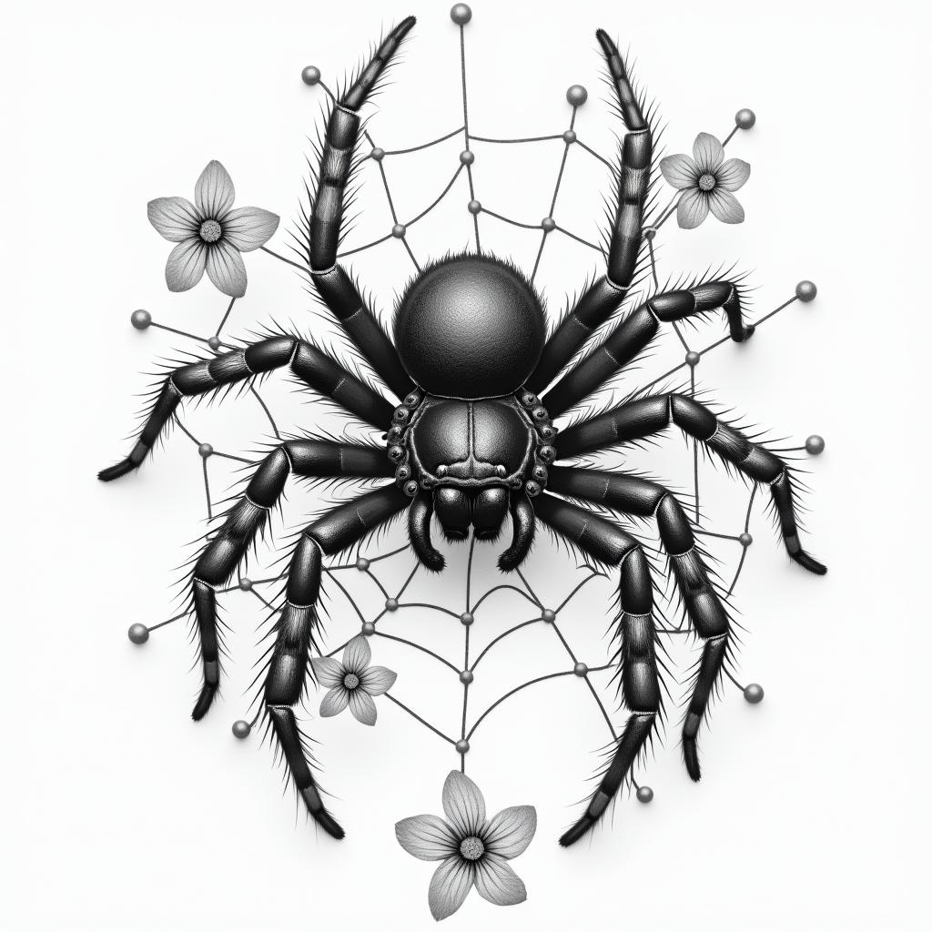 Small spider on web with lots of flowersin portrait tattoo style, featuring a highly realistic and detailed depiction  - Variation 10