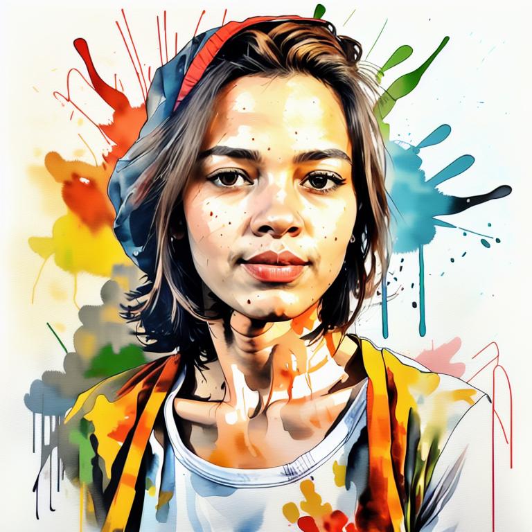  vibrant watercolor portrait with graffiti style face, fully white background, ,face with soft blending of warm and cool tones (orange, yellow, green),using shades of colors, contrast between light and shadow on the face, Bold color splashes and abstract drips in the background for a dynamic, artistic vibe, highly detailed tattoo, fully white background , dskinkpunkundefined - Variation 74