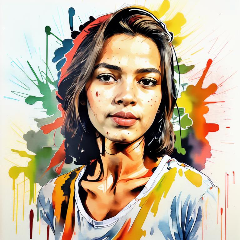  vibrant watercolor portrait with graffiti style face, fully white background, ,face with soft blending of warm and cool tones (orange, yellow, green),using shades of colors, contrast between light and shadow on the face, Bold color splashes and abstract drips in the background for a dynamic, artistic vibe, highly detailed tattoo, fully white background , dskinkpunkundefined - Variation 73