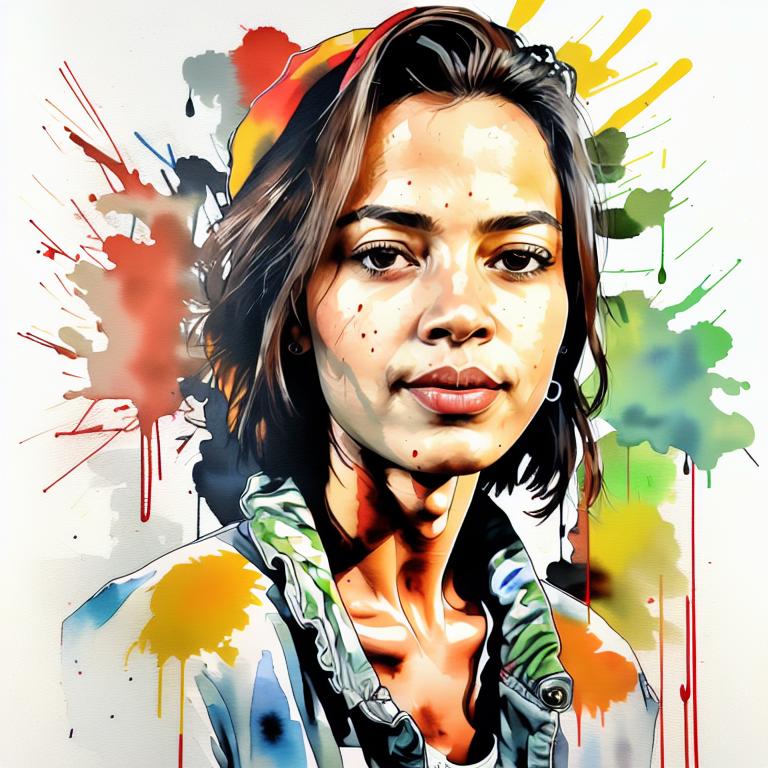  vibrant watercolor portrait with graffiti style face, fully white background, ,face with soft blending of warm and cool tones (orange, yellow, green),using shades of colors, contrast between light and shadow on the face, Bold color splashes and abstract drips in the background for a dynamic, artistic vibe, highly detailed tattoo, fully white background , dskinkpunkundefined - Variation 76