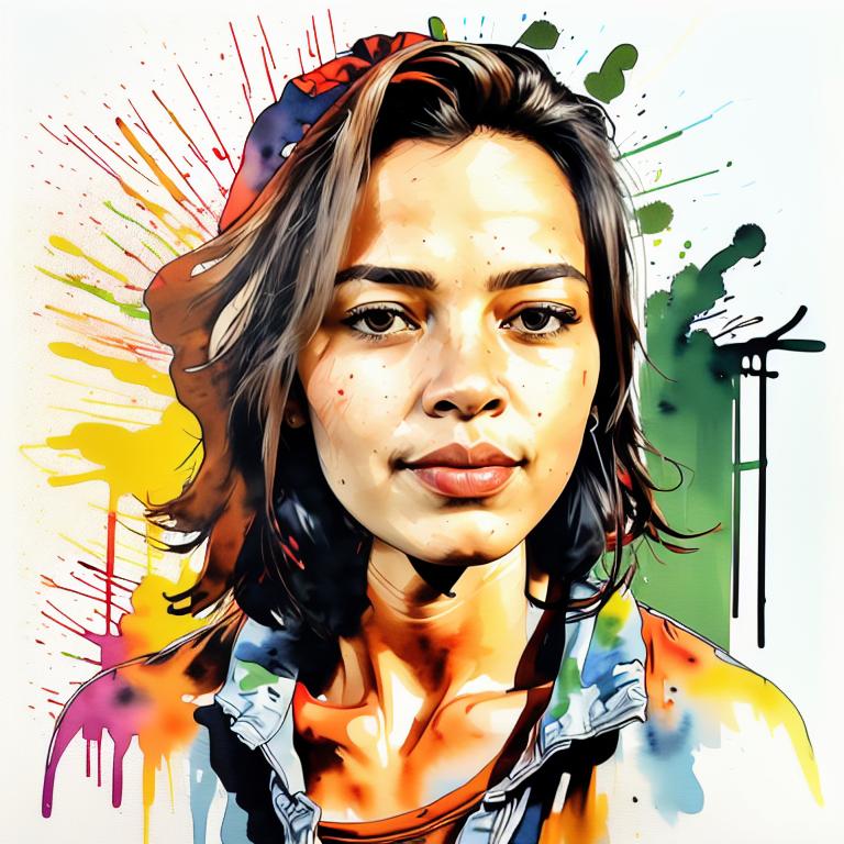  vibrant watercolor portrait with graffiti style face, fully white background, ,face with soft blending of warm and cool tones (orange, yellow, green),using shades of colors, contrast between light and shadow on the face, Bold color splashes and abstract drips in the background for a dynamic, artistic vibe, highly detailed tattoo, fully white background , dskinkpunkundefined - Variation 75