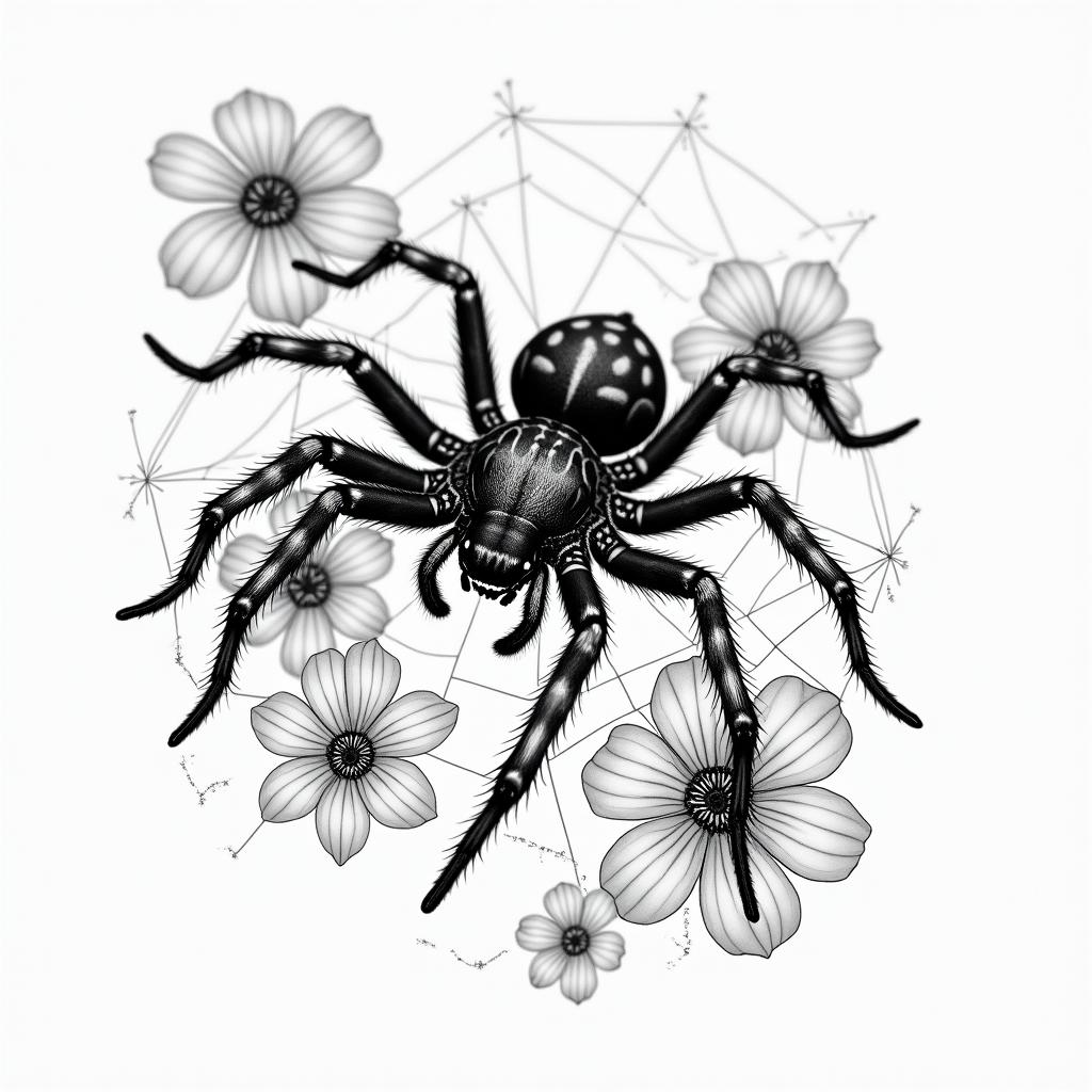 Small spider on web with lots of flowersin portrait tattoo style, featuring a highly realistic and detailed depiction  - Variation 3
