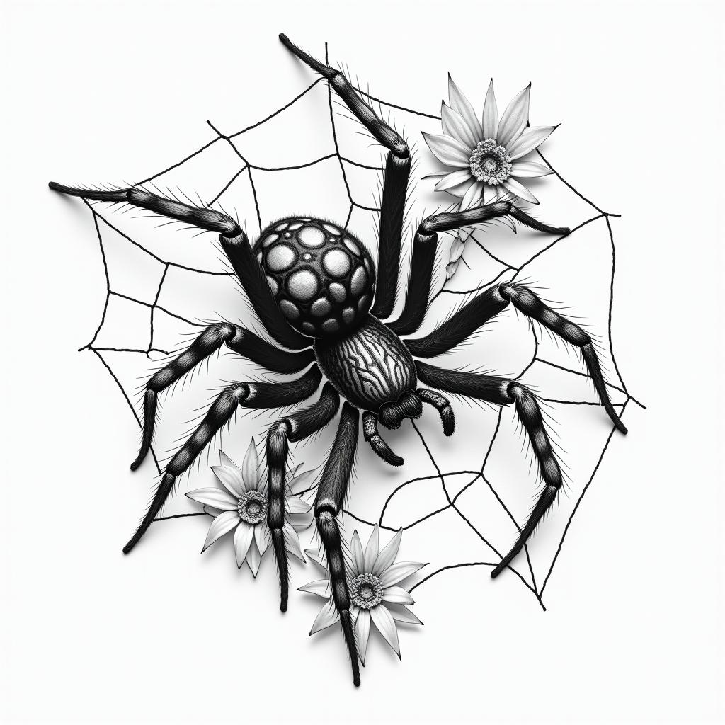 Small spider on web with lots of flowersin portrait tattoo style, featuring a highly realistic and detailed depiction  - Variation 8
