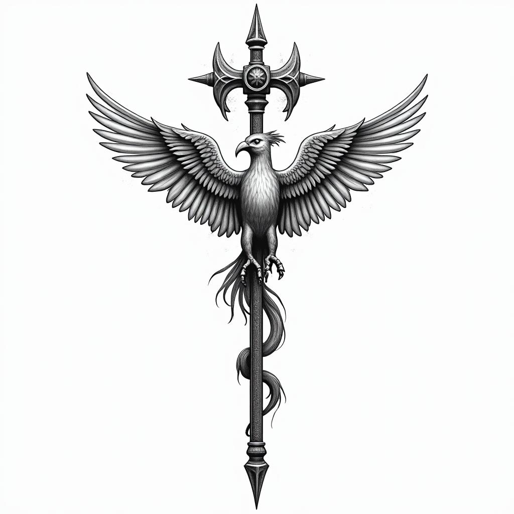 Rod of Asclepius with phoenixin new school tattoo, pop culture, modern, detailed tattoo, illustrative - Variation 2