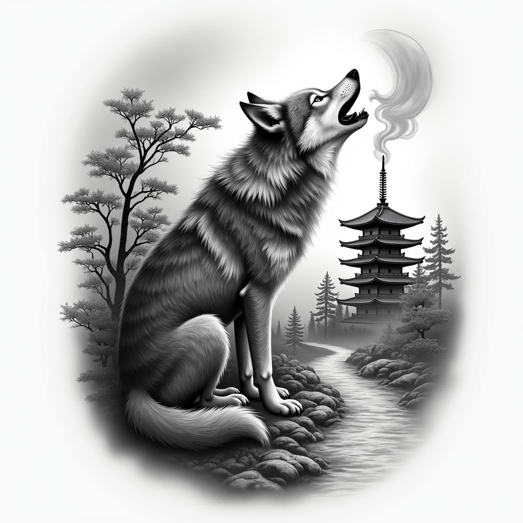 Hi, I would like a black and white wolf tattoo on my forearm. The wolf should be howling at the moon and exhaling smoke. In the background, there should be a Japanese temple. Additionally, there should be a small path leading to the temple. The wolf should be in the foreground. The tattoo should be in a realistic style.in realism tattoo style, featuring a highly detailed, lifelike, capturing every detail, photorealistic, ultra realistic, intricate shading, smooth and sharp,   - Variation 2