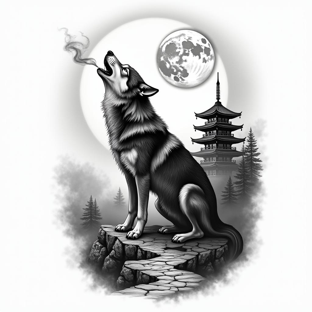 Hi, I would like a black and white wolf tattoo on my forearm. The wolf should be howling at the moon and exhaling smoke. In the background, there should be a Japanese temple. Additionally, there should be a small path leading to the temple. The wolf should be in the foreground. The tattoo should be in a realistic style.in realism tattoo style, featuring a highly detailed, lifelike, capturing every detail, photorealistic, ultra realistic, intricate shading, smooth and sharp,  