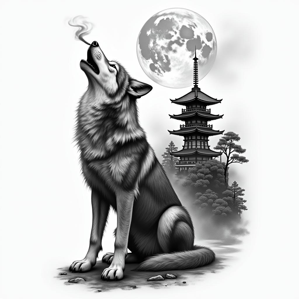 Hi, I would like a black and white wolf tattoo on my forearm. The wolf should be howling at the moon and exhaling smoke. In the background, there should be a Japanese temple. Additionally, there should be a small path leading to the temple. The wolf should be in the foreground. The tattoo should be in a realistic style.in realism tattoo style, featuring a highly detailed, lifelike, capturing every detail, photorealistic, ultra realistic, intricate shading, smooth and sharp,   - Variation 4