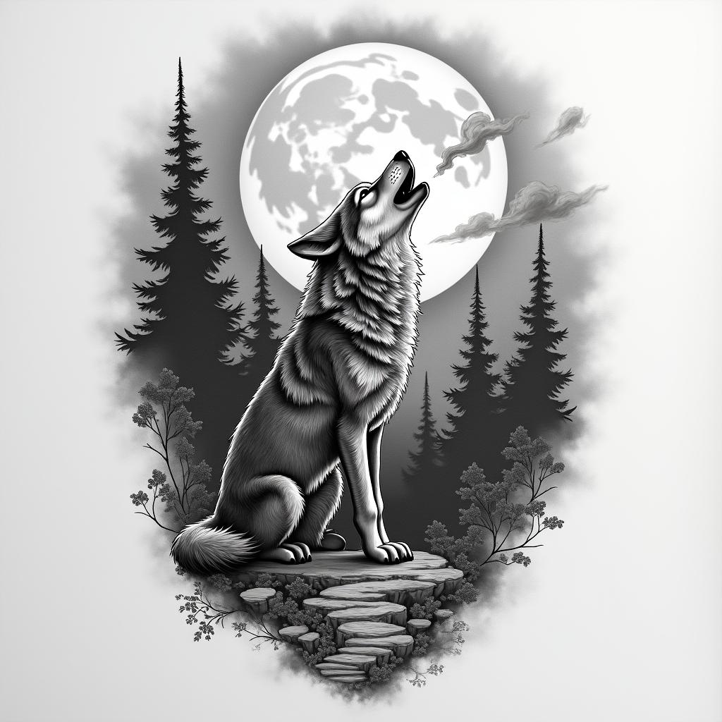 Hi, I would like a black and white wolf tattoo on my forearm. The wolf should be howling at the moon and exhaling smoke. In the background, there should be a Japanese temple. Additionally, there should be a small path leading to the temple. The wolf should be in the foreground. The tattoo should be in a realistic style.in realism tattoo style, featuring a highly detailed, lifelike, capturing every detail, photorealistic, ultra realistic, intricate shading, smooth and sharp,   - Variation 3