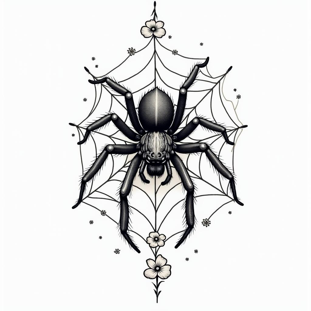 Small spider on web with lots of flowersin new school tattoo, pop culture, modern, detailed tattoo, illustrative - Variation 9