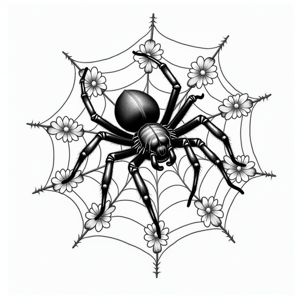 Small spider on web with lots of flowersin new school tattoo, pop culture, modern, detailed tattoo, illustrative - Variation 11