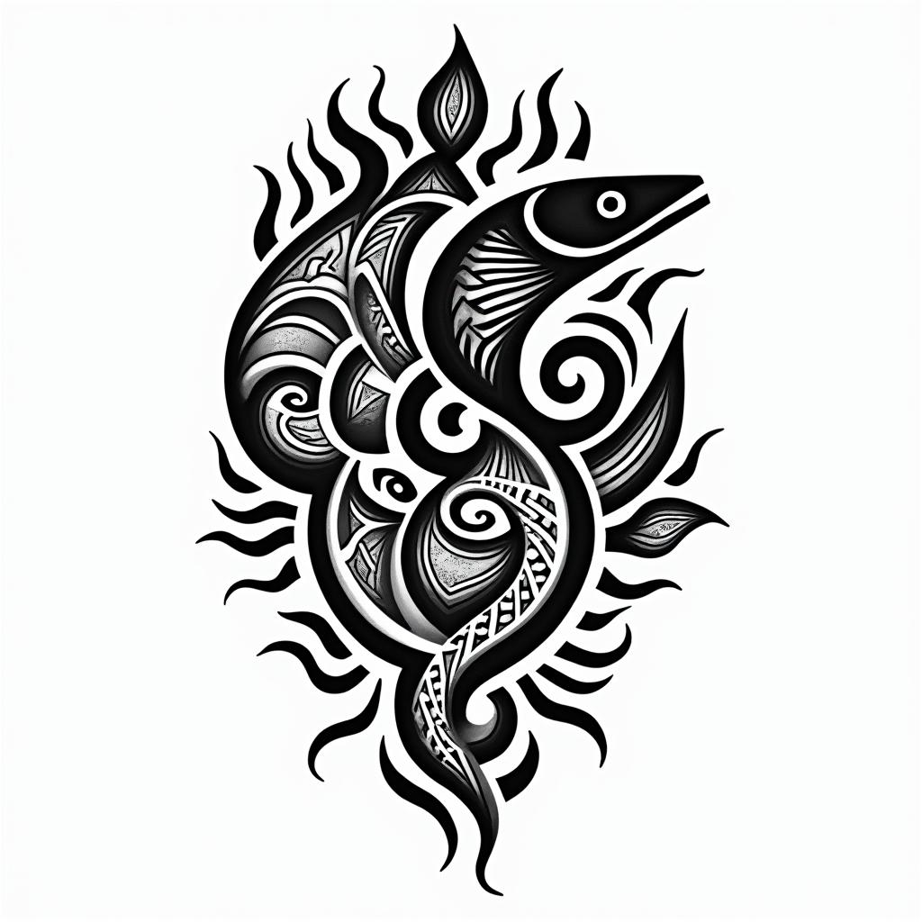 Tarsis, fish, are Borja.in tribal tattoo style, featuring bold and black geometric shapes, curved lines, intertwine and flow seamlessly, creating a powerful and symbolic design, polynesian and maori styles - Variation 4