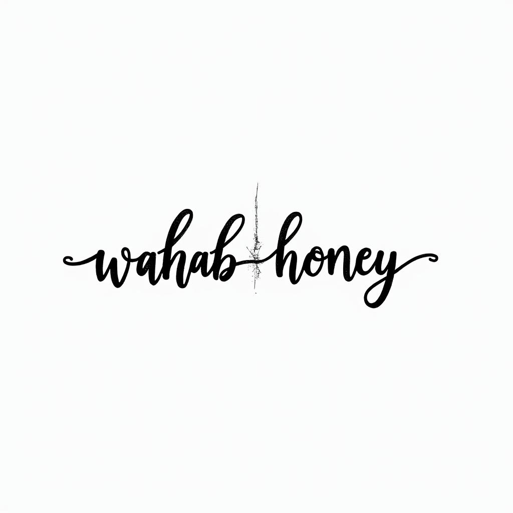 Wahab and Honey names intertwinedminimalist text-based tattoo, Monospace font ultra-realistic, perfectly placed, high-quality font design, photo-realistic shading, 8k, high quality, finely detailed typograph