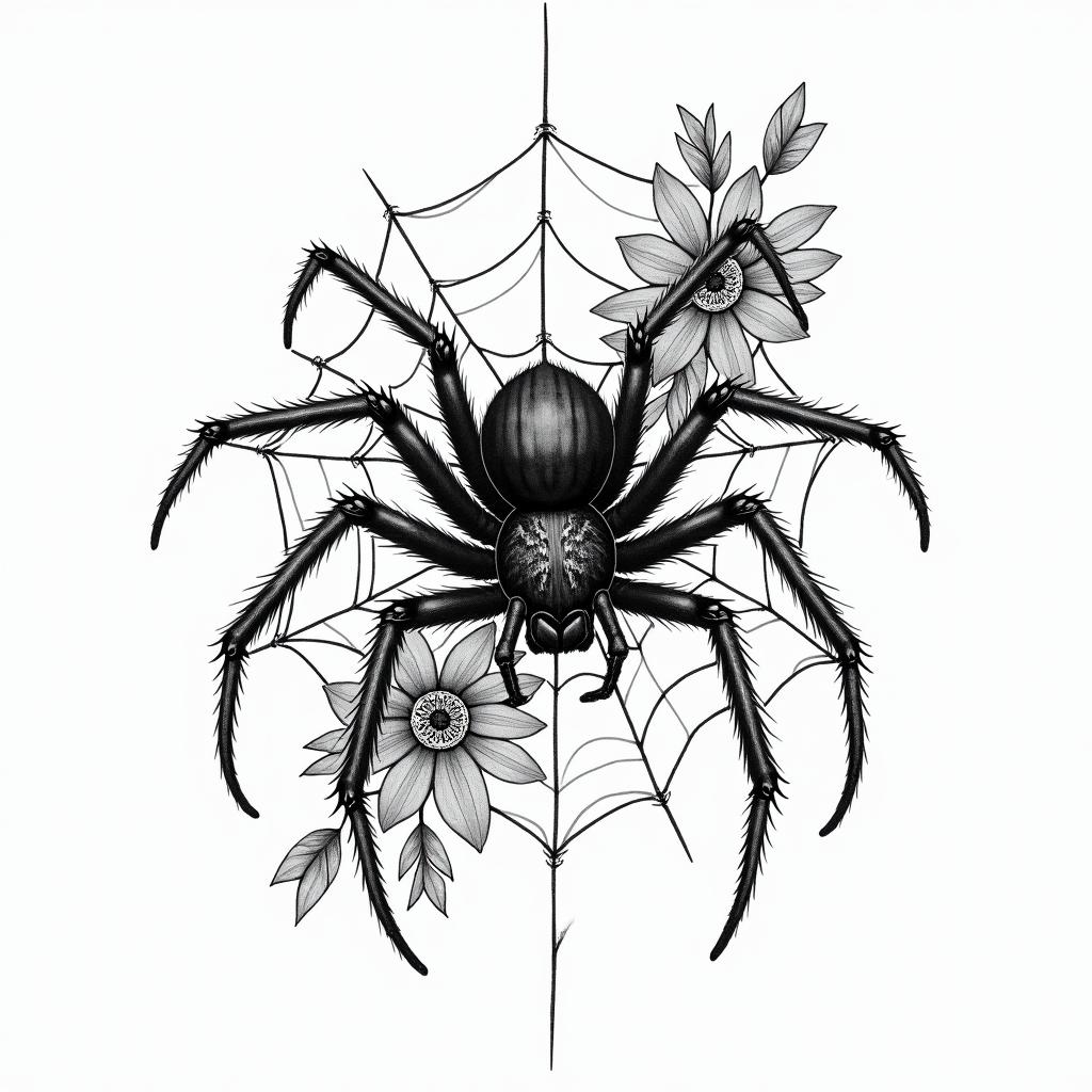 Small spider on web with lots of flowersin new school tattoo, pop culture, modern, detailed tattoo, illustrative - Variation 7