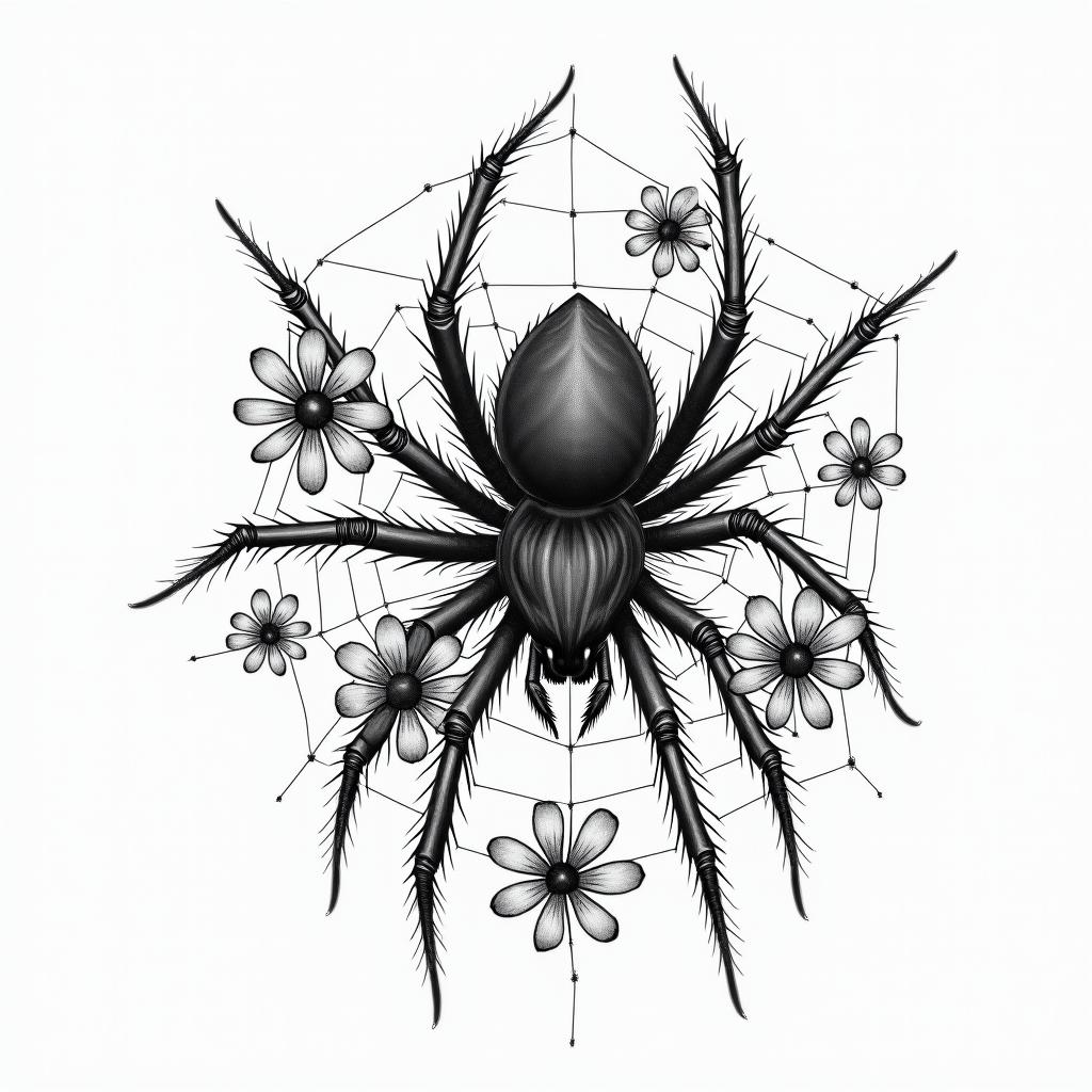 Small spider on web with lots of flowersin new school tattoo, pop culture, modern, detailed tattoo, illustrative - Variation 8