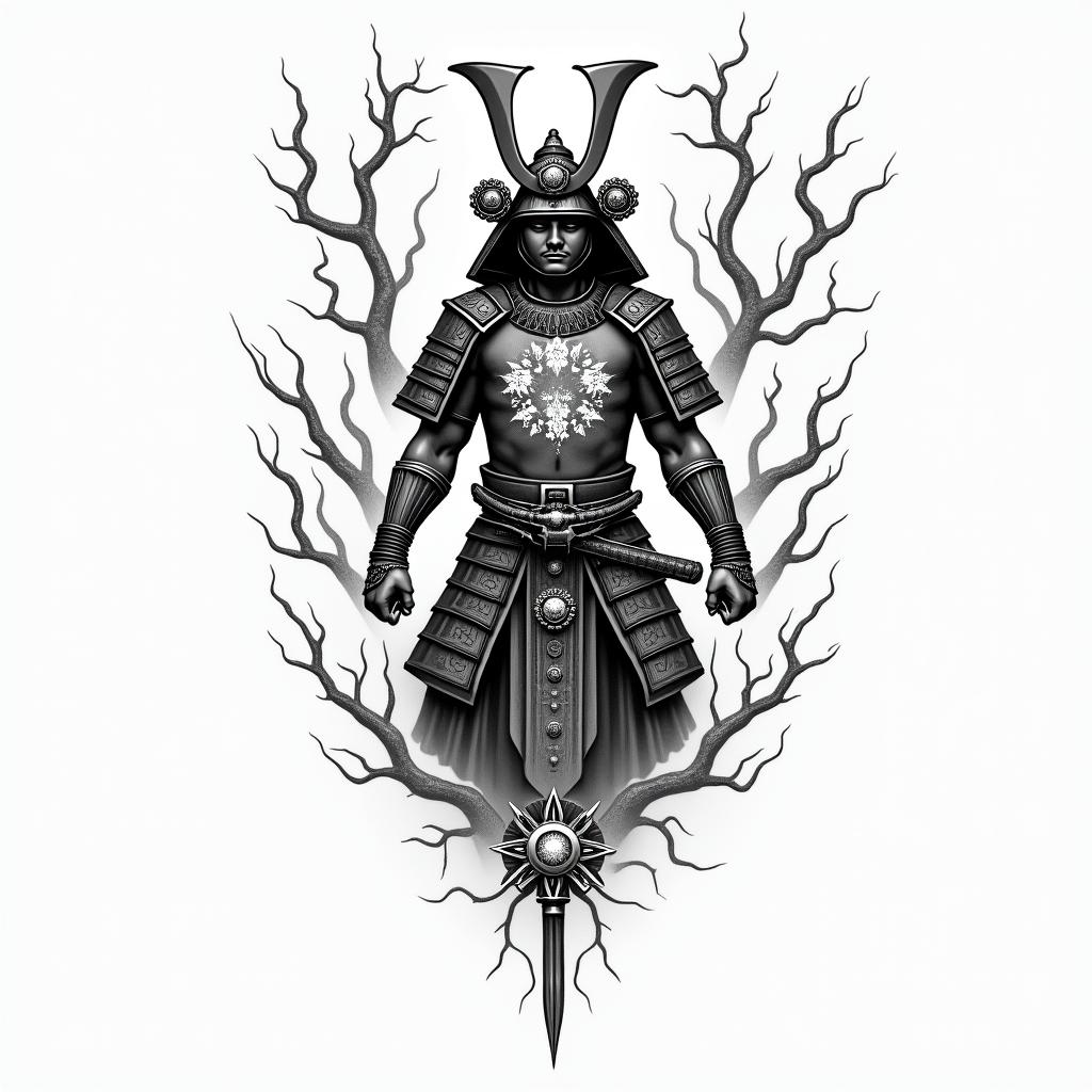 Samurai surrounded by lightningin spiritual symbols tattoo style, featuring an intricate design incorporating elements, Hamsa hand, third eye, minimalist composition