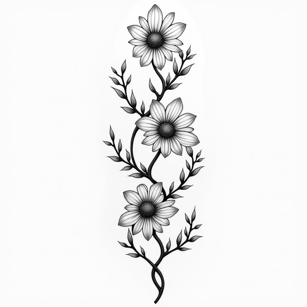 Vines with flowers, very largein Modest style tattoo, featuring soft, delicate line work with simple and meaningful symbols, gentle waves, a heart, evoking a sense of serenity and grace, - Variation 2