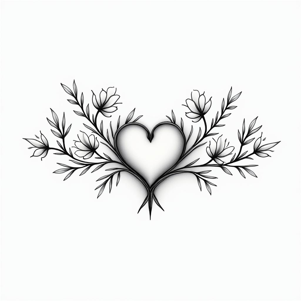 Vines with flowers, very largein Modest style tattoo, featuring soft, delicate line work with simple and meaningful symbols, gentle waves, a heart, evoking a sense of serenity and grace, - Variation 1