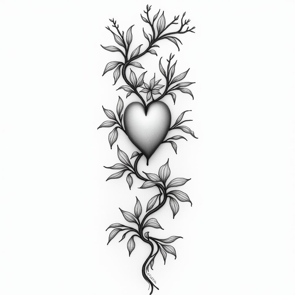 Vines with flowers, very largein Modest style tattoo, featuring soft, delicate line work with simple and meaningful symbols, gentle waves, a heart, evoking a sense of serenity and grace, - Variation 3