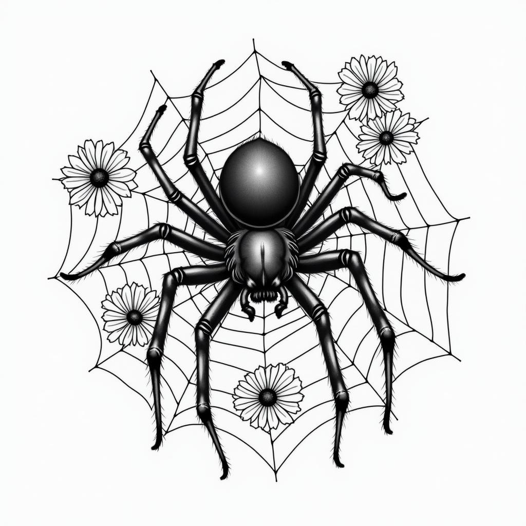 Small spider on web with lots of flowersin new school tattoo, pop culture, modern, detailed tattoo, illustrative - Variation 2