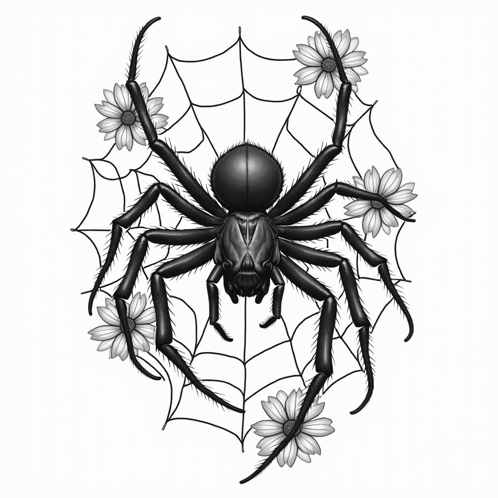 Small spider on web with lots of flowersin new school tattoo, pop culture, modern, detailed tattoo, illustrative - Variation 4