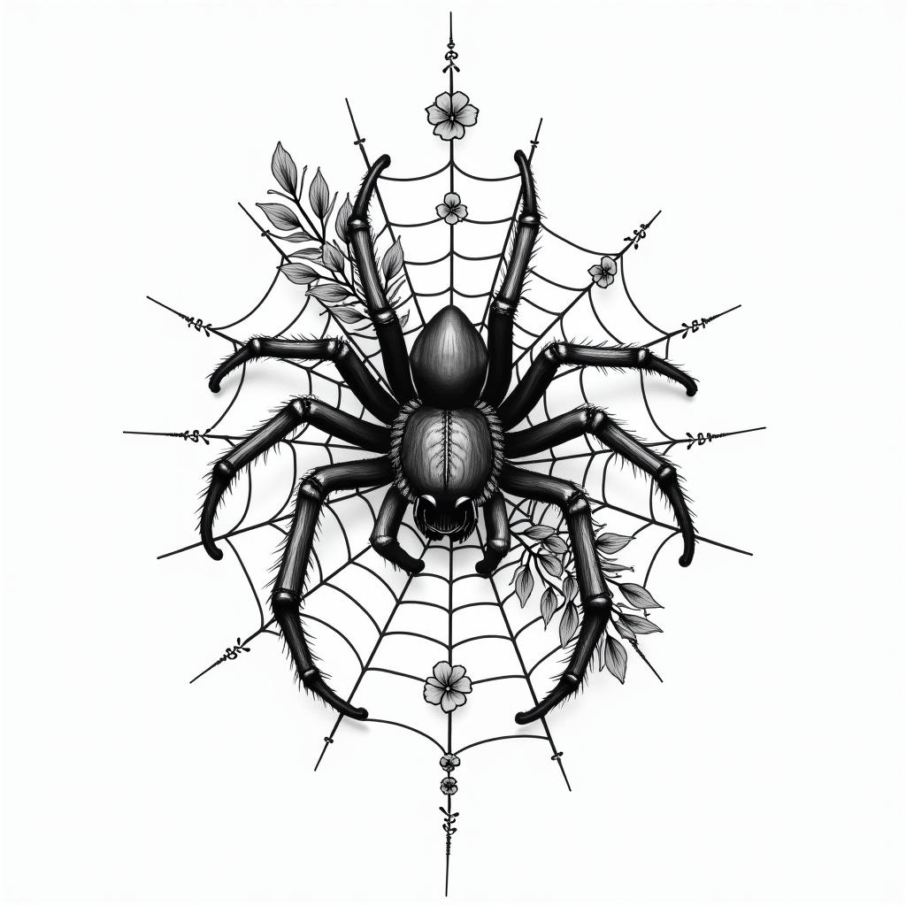 Small spider on web with lots of flowersin new school tattoo, pop culture, modern, detailed tattoo, illustrative - Variation 3