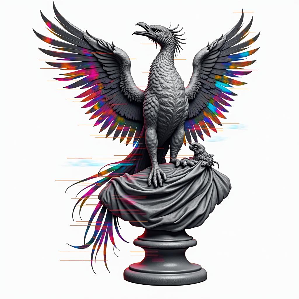 Caduceus with phoenixin distorted and fragmented tattoo design, featuring a classical statue bust, in a glitch art style with vibrant, overlapping colors of cyan, magenta, and yellow, creating a digital distortion effect - Variation 4