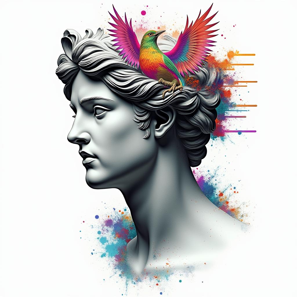 Caduceus with phoenixin distorted and fragmented tattoo design, featuring a classical statue bust, in a glitch art style with vibrant, overlapping colors of cyan, magenta, and yellow, creating a digital distortion effect