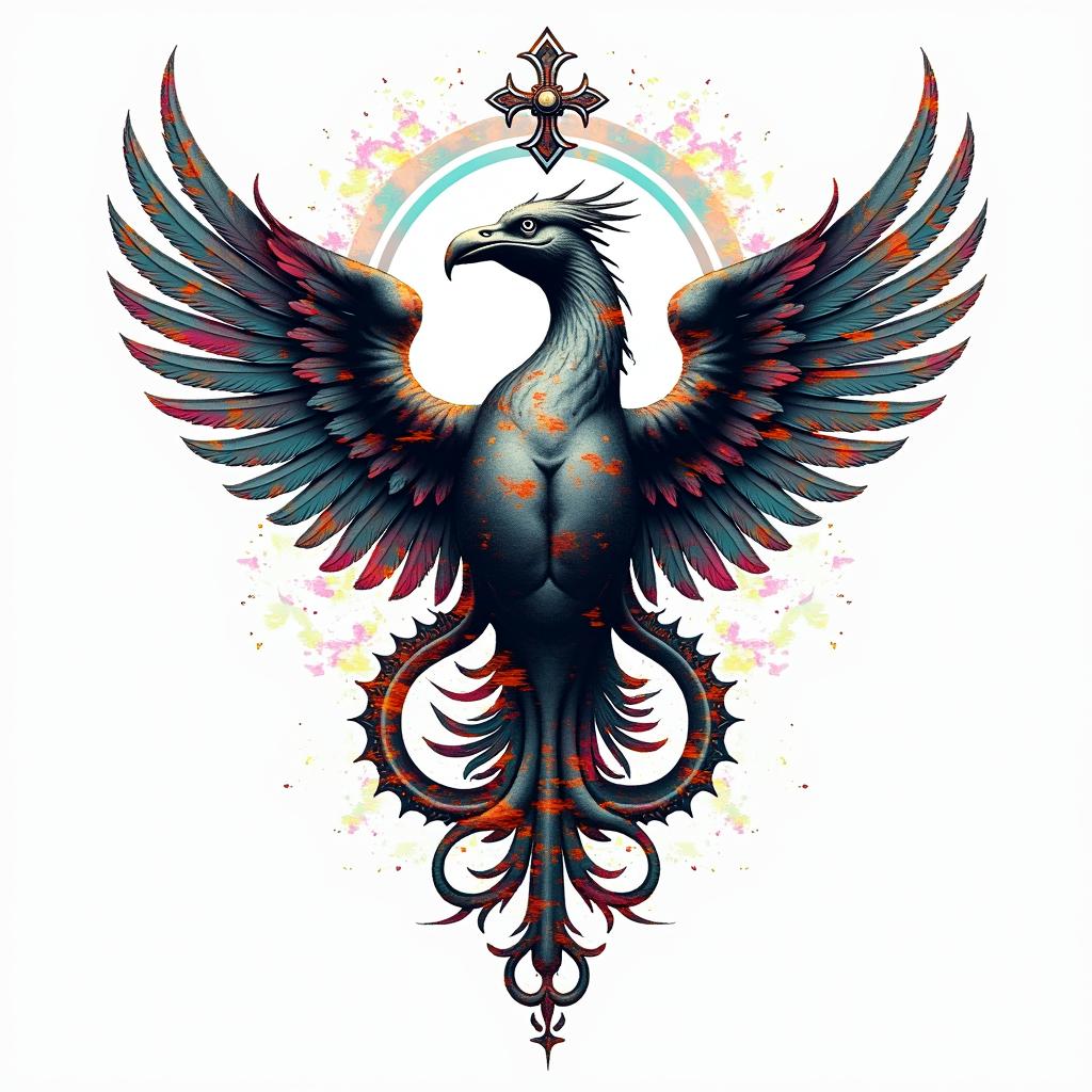 Caduceus with phoenixin distorted and fragmented tattoo design, featuring a classical statue bust, in a glitch art style with vibrant, overlapping colors of cyan, magenta, and yellow, creating a digital distortion effect - Variation 3