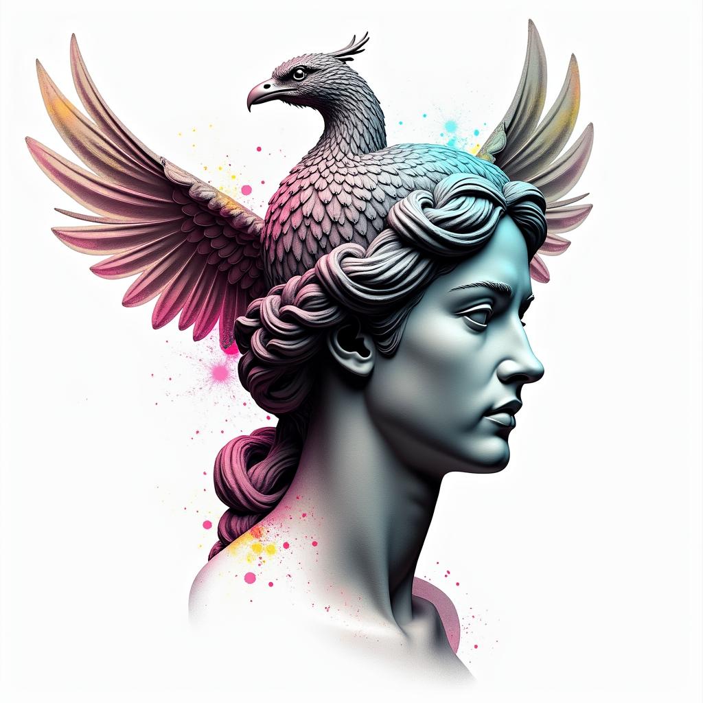 Caduceus with phoenixin distorted and fragmented tattoo design, featuring a classical statue bust, in a glitch art style with vibrant, overlapping colors of cyan, magenta, and yellow, creating a digital distortion effect - Variation 2