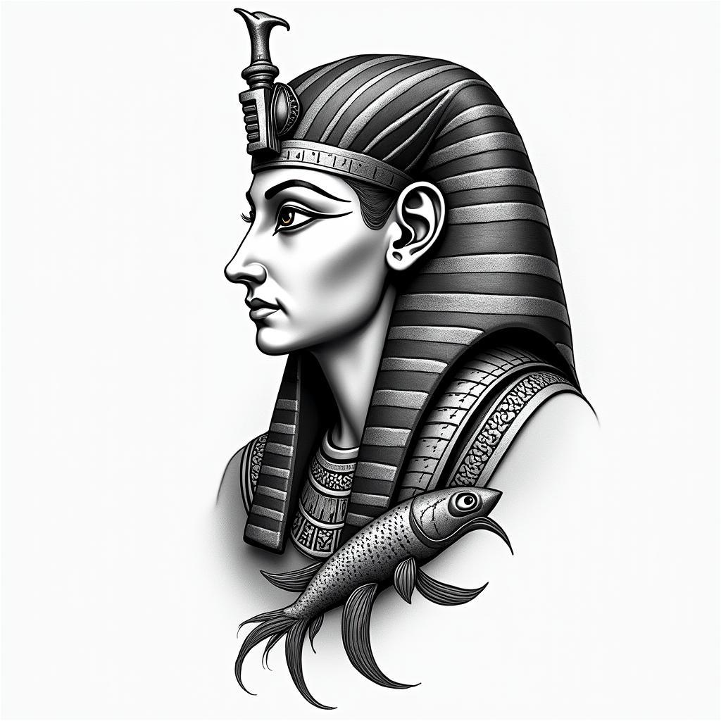 Tarsis, fish, are Borjain egyptian style tattoo, bold elements of ancient egyptian culture including a portrait of an Egyptian pharaoh with detailed facial features, in hieroglyphs and symbolic imagery, eye of horus, ankh symbol, scarab beetle - Variation 3