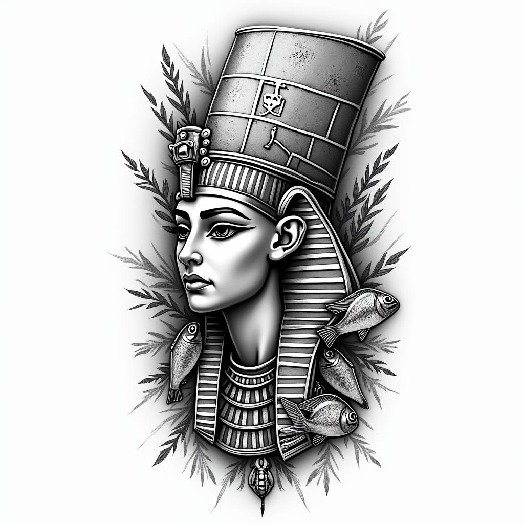 Tarsis, fish, are Borjain egyptian style tattoo, bold elements of ancient egyptian culture including a portrait of an Egyptian pharaoh with detailed facial features, in hieroglyphs and symbolic imagery, eye of horus, ankh symbol, scarab beetle - Variation 4