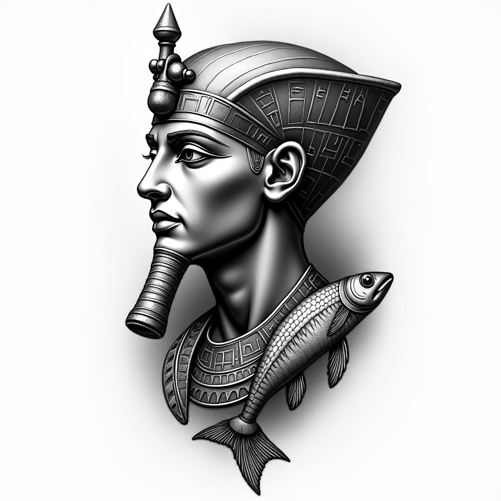 Tarsis, fish, are Borjain egyptian style tattoo, bold elements of ancient egyptian culture including a portrait of an Egyptian pharaoh with detailed facial features, in hieroglyphs and symbolic imagery, eye of horus, ankh symbol, scarab beetle - Variation 2