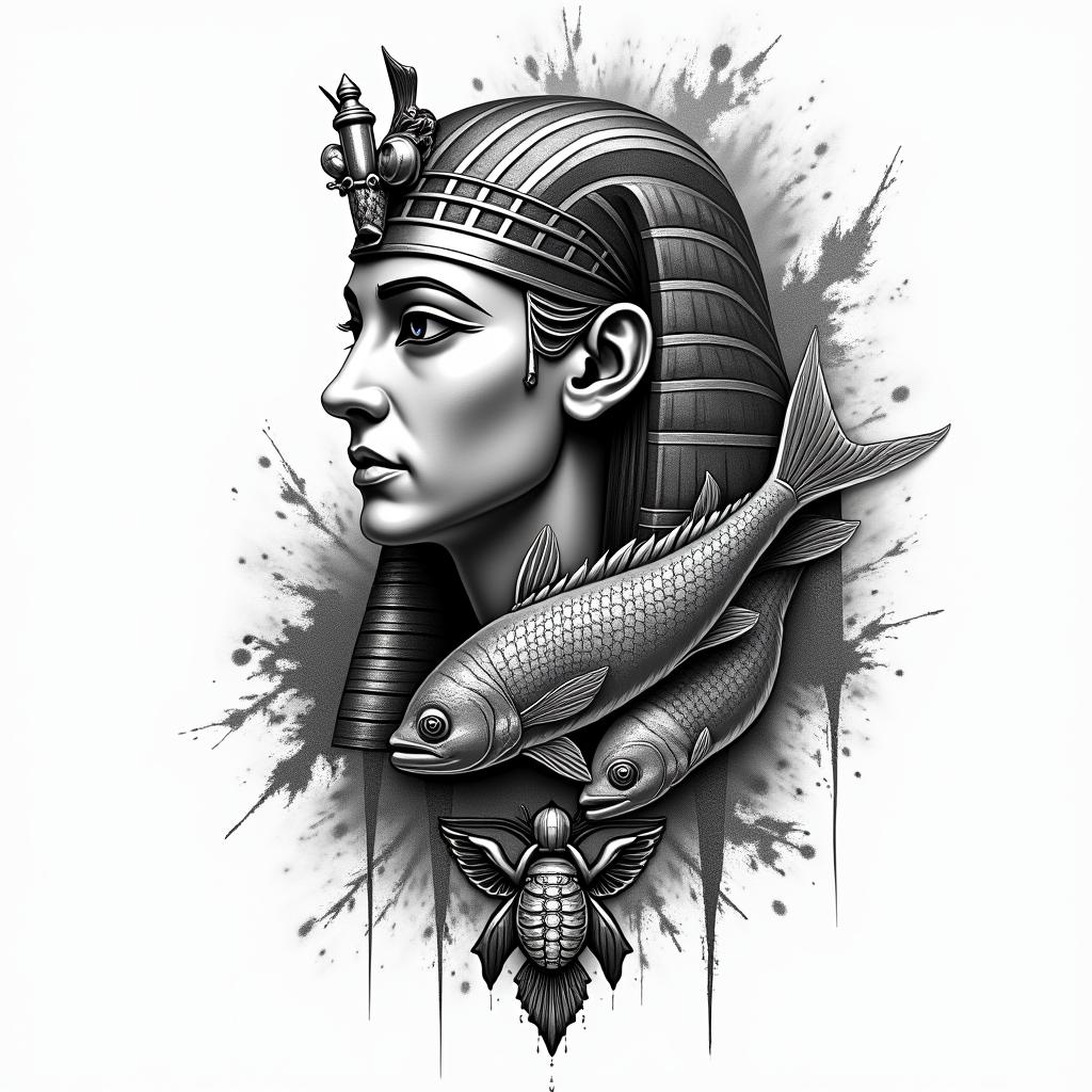 Tarsis, fish, are Borjain egyptian style tattoo, bold elements of ancient egyptian culture including a portrait of an Egyptian pharaoh with detailed facial features, in hieroglyphs and symbolic imagery, eye of horus, ankh symbol, scarab beetle