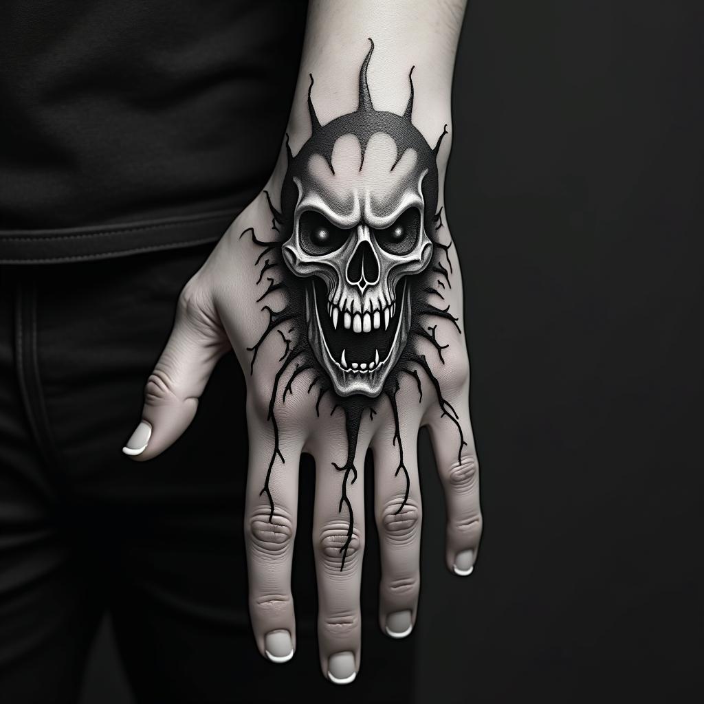 Creepy spikey vines on handcreepy horror tattoo style, featuring an eerie and unsettling skull of a demonic creature, distorted face with sharp fangs, add pentagram symbol - Variation 3
