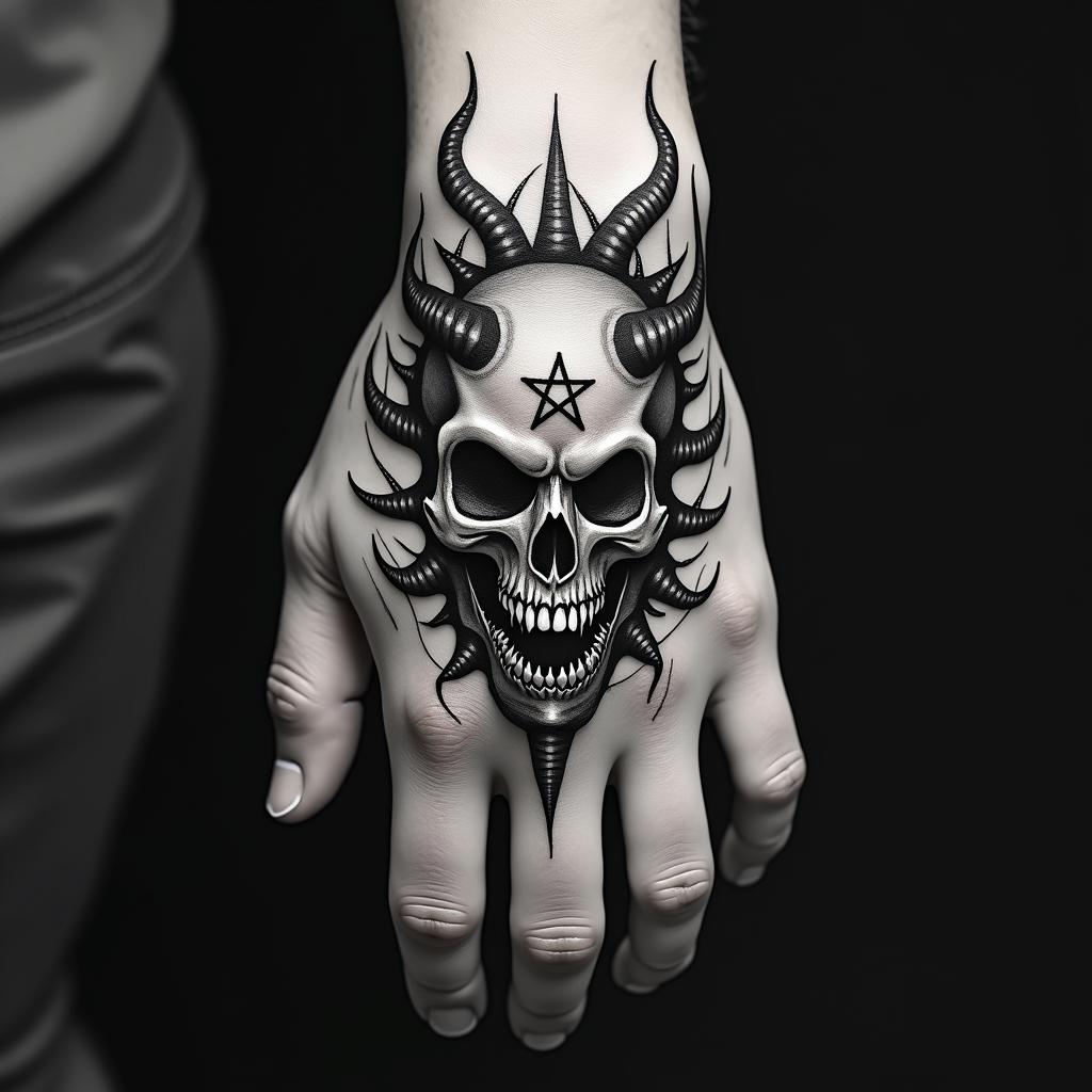 Creepy spikey vines on handcreepy horror tattoo style, featuring an eerie and unsettling skull of a demonic creature, distorted face with sharp fangs, add pentagram symbol - Variation 1