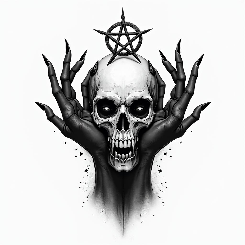 Female witch handscreepy horror tattoo style, featuring an eerie and unsettling skull of a demonic creature, distorted face with sharp fangs, add pentagram symbol - Variation 1