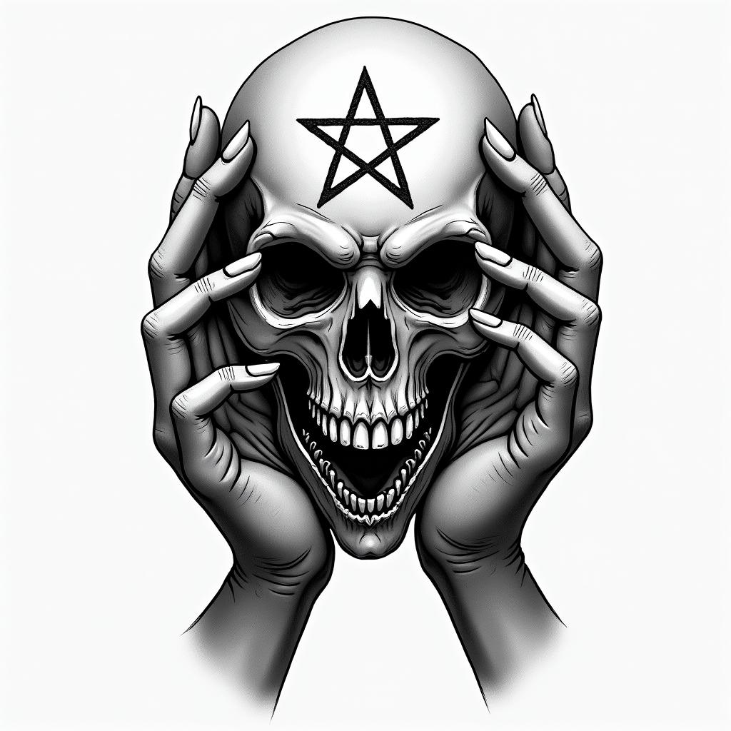 Female witch handscreepy horror tattoo style, featuring an eerie and unsettling skull of a demonic creature, distorted face with sharp fangs, add pentagram symbol - Variation 2