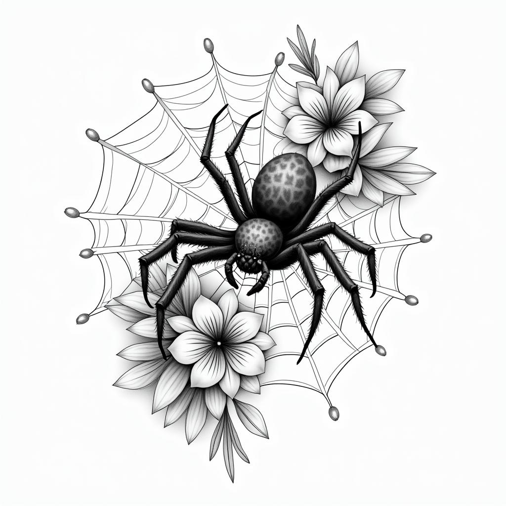 Small spider on web with lots of flowersin japanese style tattoo, detailed tattoo, traditional japanese culture tattoo, mythology, 8k - Variation 92