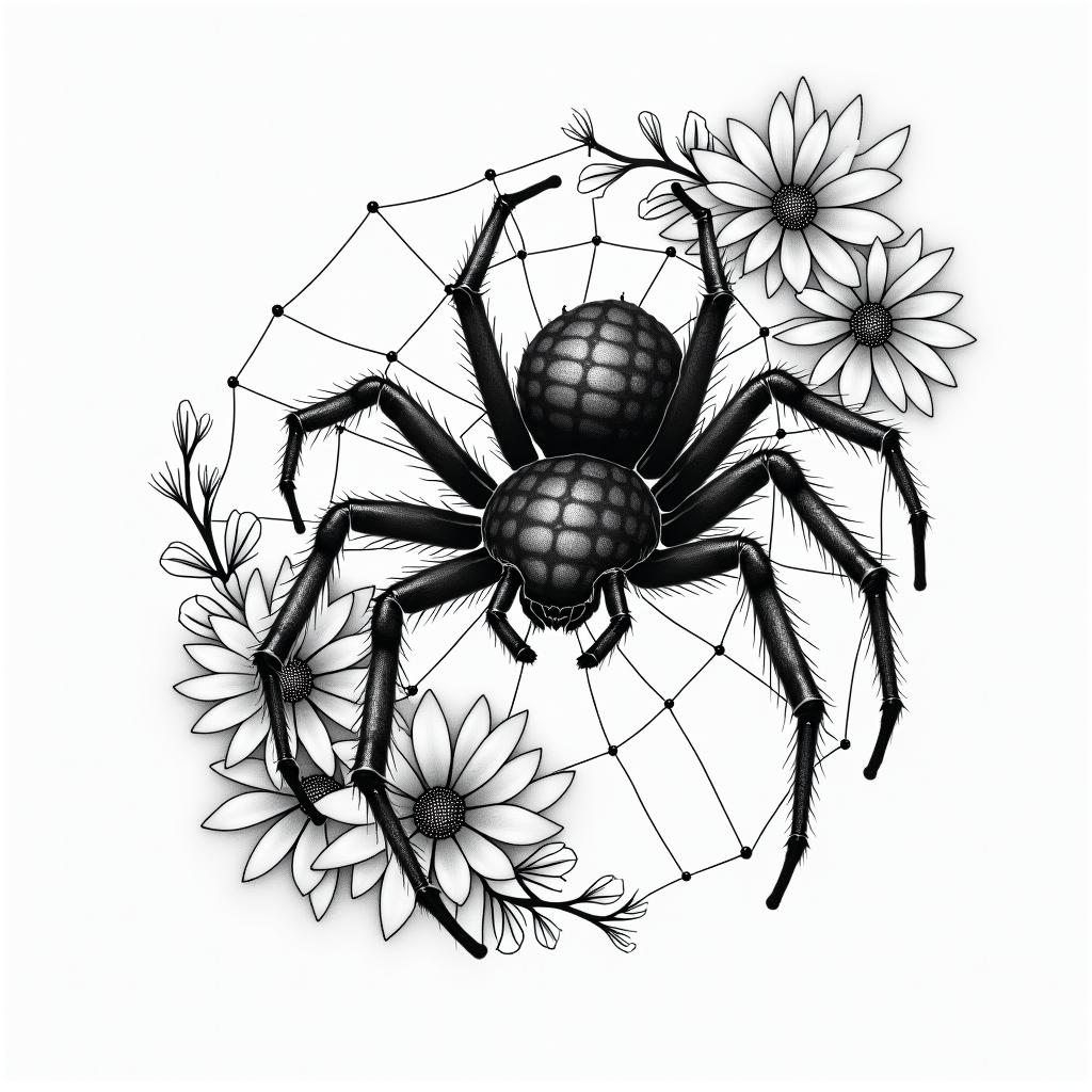 Small spider on web with lots of flowersin japanese style tattoo, detailed tattoo, traditional japanese culture tattoo, mythology, 8k - Variation 93