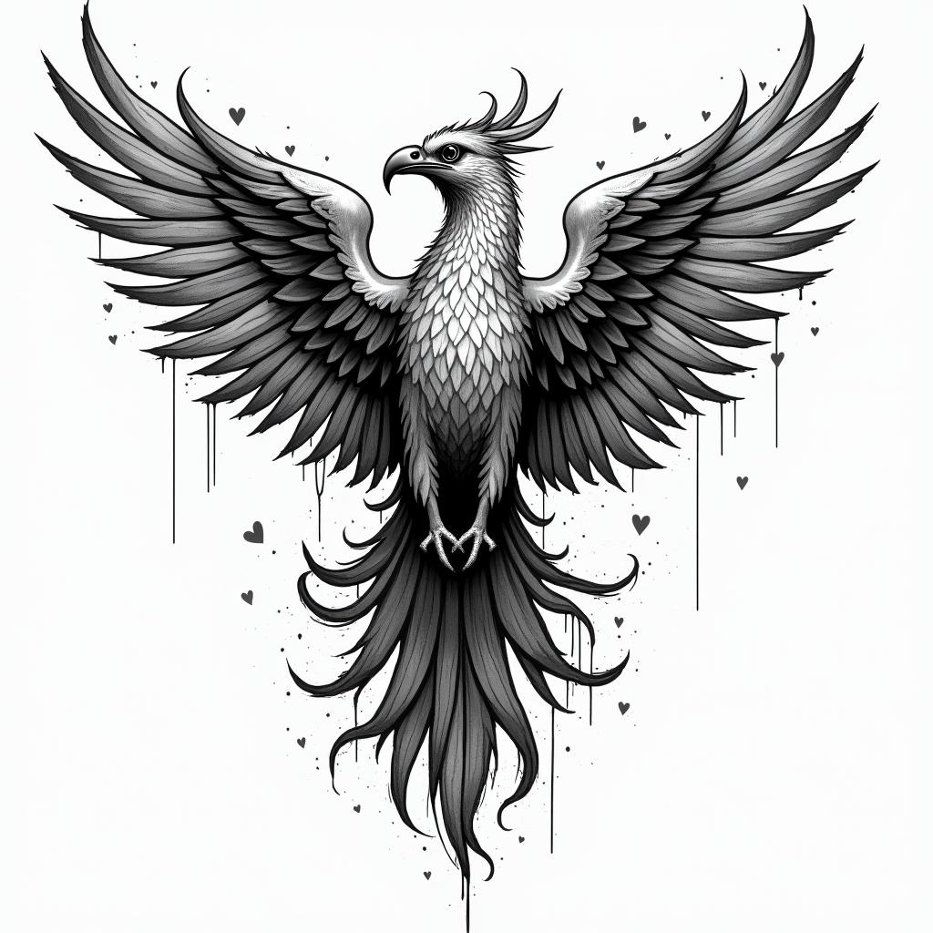 Caduceus with phoenixin graffiti style tattoo, featuring bold and dynamic street art elements, spray-paint texture with exaggerated lines and expressive, chaotic brushstrokes, intricate lettering incorporated with graffiti tags, symbols like hearts, stars, and wings - Variation 2