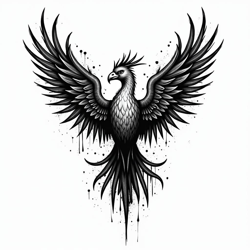 Caduceus with phoenixin graffiti style tattoo, featuring bold and dynamic street art elements, spray-paint texture with exaggerated lines and expressive, chaotic brushstrokes, intricate lettering incorporated with graffiti tags, symbols like hearts, stars, and wings