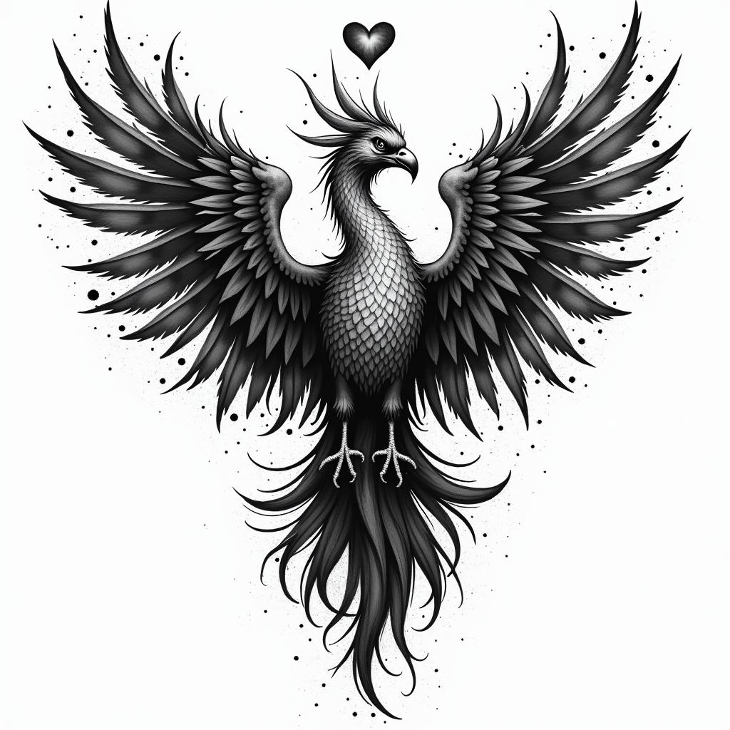 Caduceus with phoenixin graffiti style tattoo, featuring bold and dynamic street art elements, spray-paint texture with exaggerated lines and expressive, chaotic brushstrokes, intricate lettering incorporated with graffiti tags, symbols like hearts, stars, and wings - Variation 4